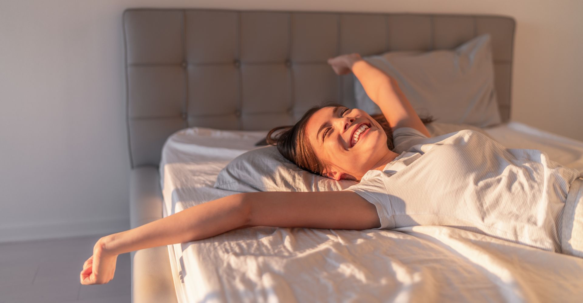 a woman waking up relaxed